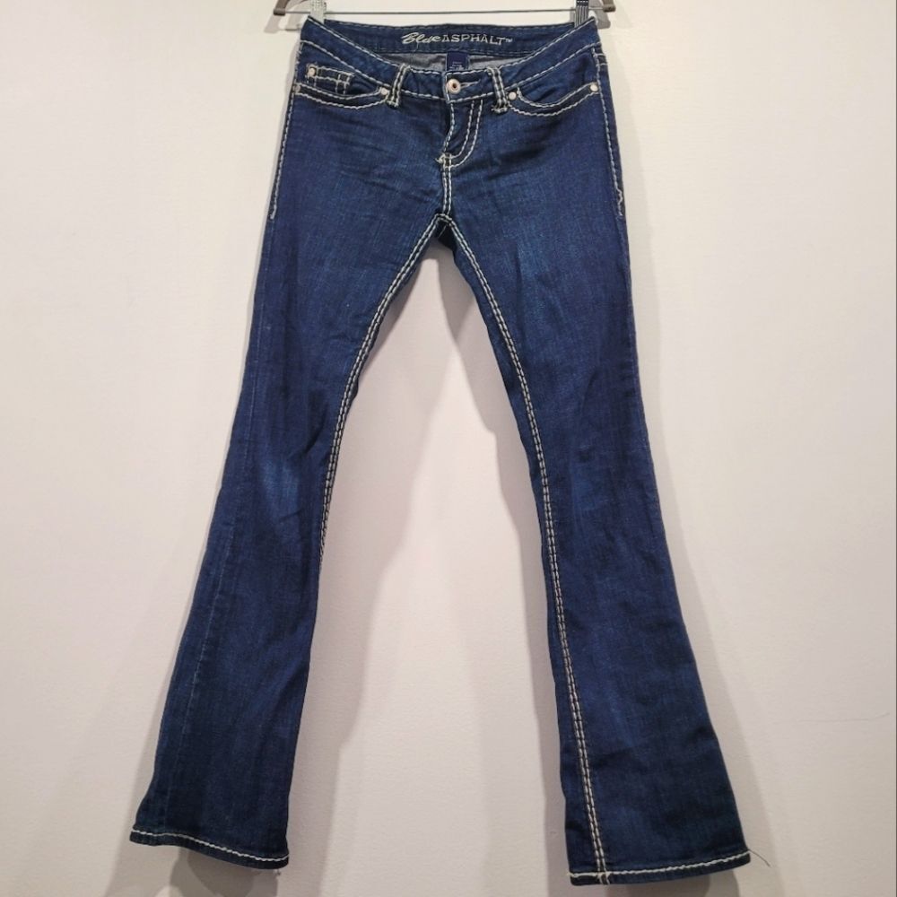 Blue Asphalt white stitch dark blue low rise flare cotton denim jeans Size 5